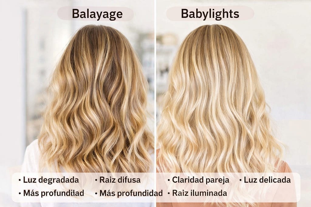 Diferencia entre balayage y babylights en cabello rubio